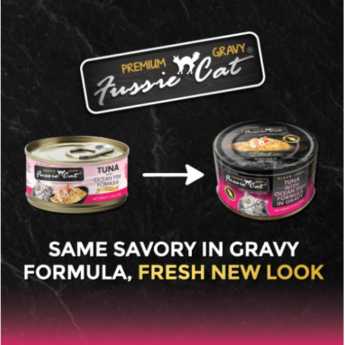 (原箱優惠)(新包裝) Fussie Cat 80g Premium Gravy Black Label ((Tuna with Ocean Fish Formula in Gravy)) 全齡肉汁主食罐 極品吞拿魚+海魚 80克 X 24罐 (FUG-BLC) (原箱優惠)(新包裝) Fussie Cat 80g Premium Gravy Black Label ((Tuna with Ocean Fish Formula in Gravy)) 全齡肉汁主食罐 極品吞拿魚+海魚 80克 X 24罐 (FUG-BLC)